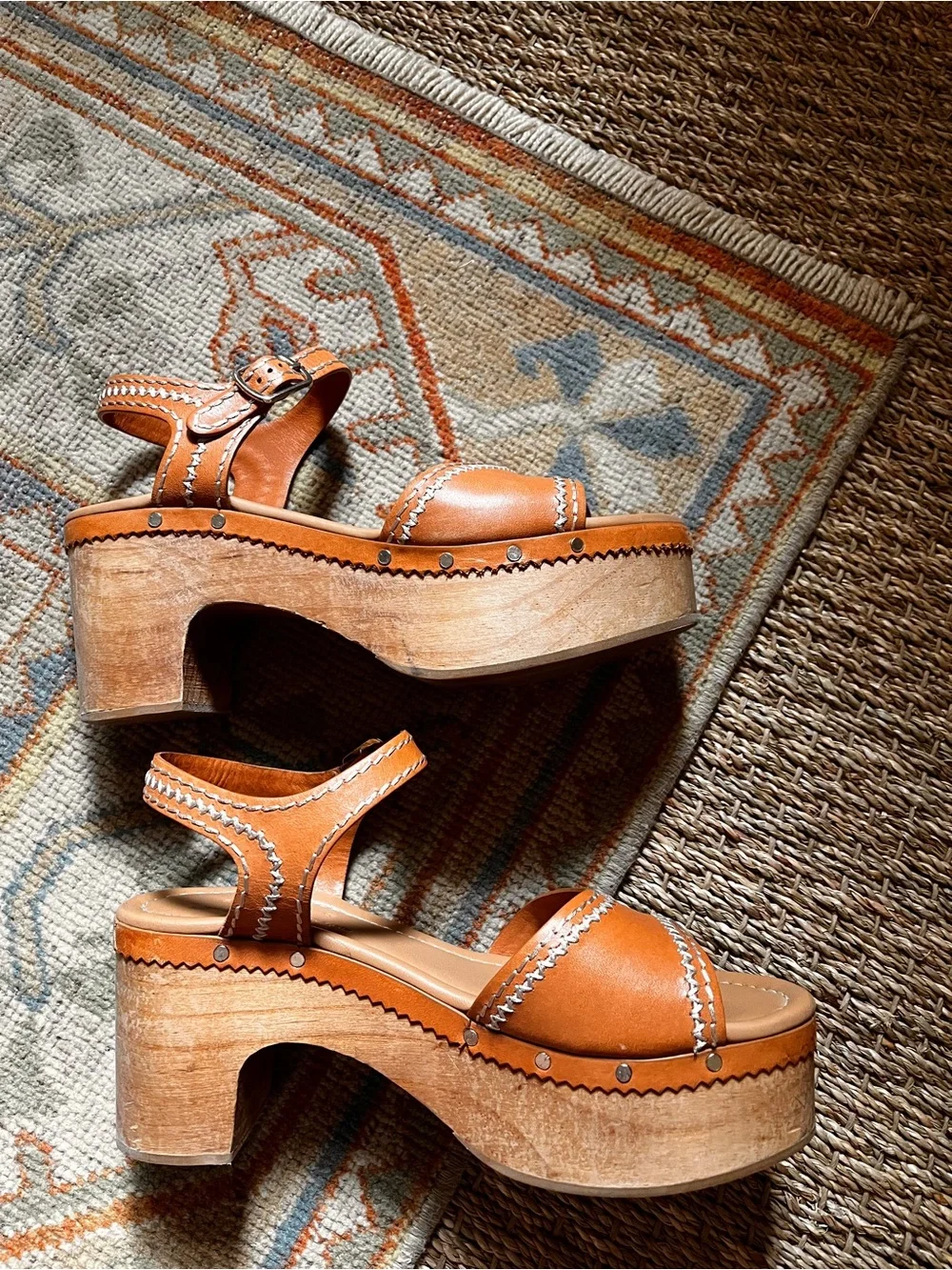 Sandro Cognac Leather Platform Clog Sandals with Wood Heel - Picture 4 of 6